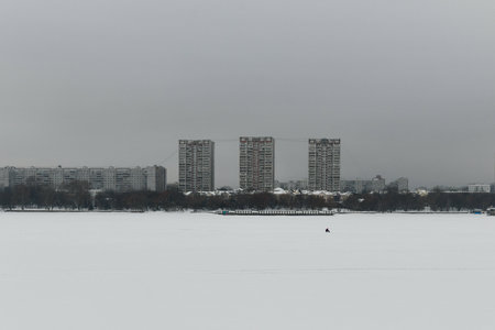 Soviet style apartment buildings in the winter across the Moscow Canal in Moscow, Russia.のeditorial素材