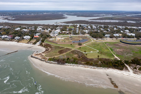 Aerial view of Fort Moultrie on Sullivan's island Charleston, South Carolina from the American Revolutionary war protecting the harbor with gun battery blue cloudy skyの写真素材