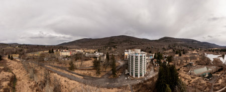 Wawarsing, New York - Mar 27, 2022: Ruins of the Nevele Grande Hotel, a high rise resort hotel...