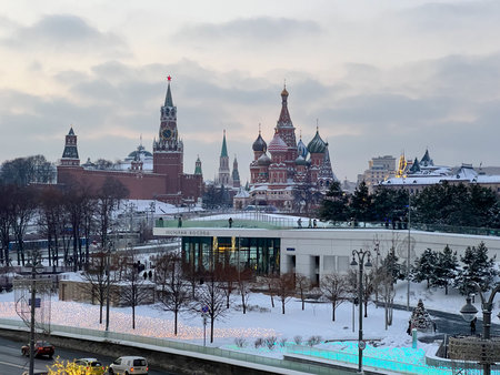 View of Red Square from Zaryadye Park in Moscow, Russia in the winter.のeditorial素材