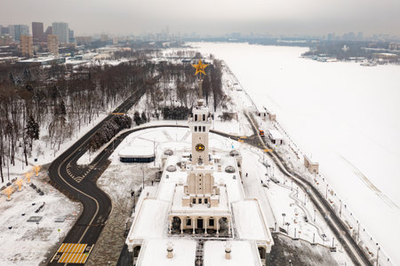 Aerial view of the Northern river terminal in Moscow, Russia. The terminal was built in 1937.のeditorial素材