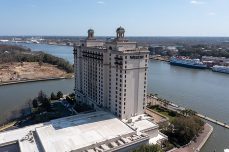 Savannah, Georgia - Feb 23, 2023: The Westin Savannah Harbor Golf Resort Spa, a four-diamond resort along the iconic Savannah River, neighbors Savannah's historic district.のeditorial素材