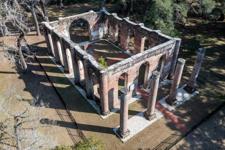 Ruins of the old Sheldon Church on a historic site in northern Beaufort County near Yemassee, South Carolina at night.のeditorial素材