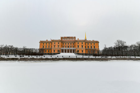 Saint Michael's Castle historical building in Saint Petersburg, Russia during the winter.
