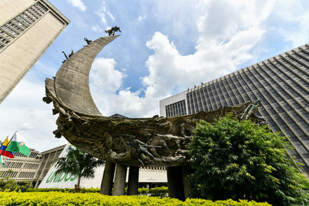 Medellin, Colombia - Apr 15, 2022: Alpujarra Administrative Center, urban complex government buildings and Monument to the Race in Medellin, Colombia.のeditorial素材