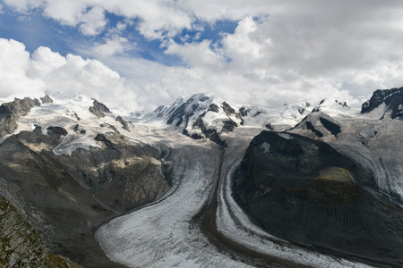 Panoramic view of the Gorner Glacier. It is located in Zermatt, Switzerland, and it is the second largest glacier in the Alps.の写真素材