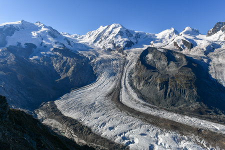 Panoramic view of the Gorner Glacier. It is located in Zermatt, Switzerland, and it is the second...