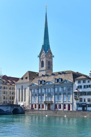 The clock tower of the Fraumunster Church in Zurich, Switzerland.の写真素材