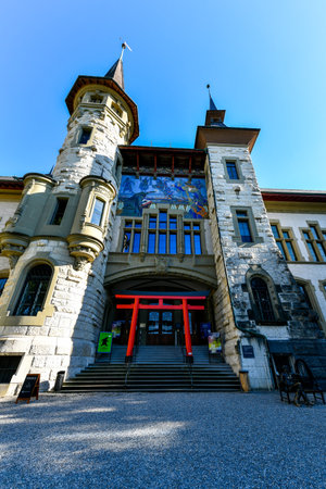 Bern, Switzerland - Aug 13, 2022: Entrance front view of Bern Historical Museum and Einstein Museum at evening. Bern UNESCO Heritage Site.のeditorial素材