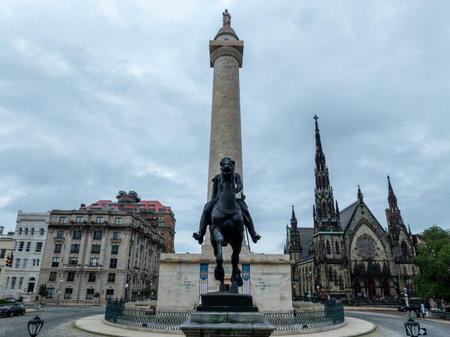 The Washington Monument and monument to Lafayette Mount Vernon, Baltimore, Maryland USAの写真素材
