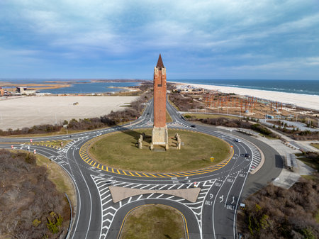 The Jones beach water tower on a bright sunny day on Long Island, New York.