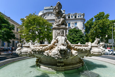 Marseille, France - Jul 20, 2022: The famous Estrangin Fountain, Marseille, France. The old town of Marseille is full of old fountains. The inscription on fountain in French: to Henry Estrangin. His hometown.のeditorial素材