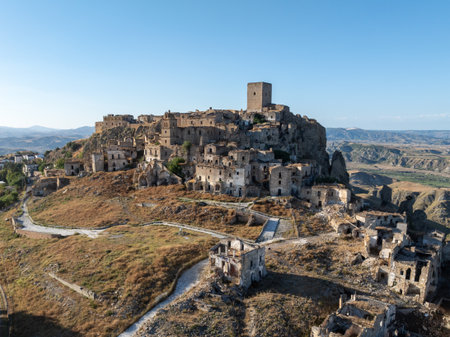 Aerial view of the abandoned village of Craco, Basilicata region, Italy.の写真素材