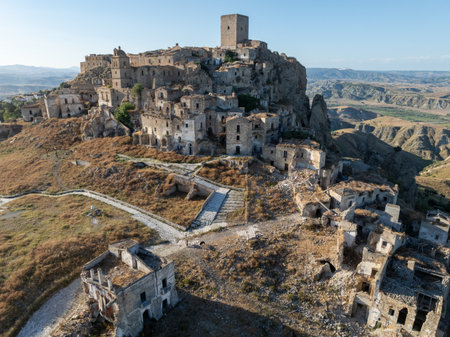 Aerial view of the abandoned village of Craco, Basilicata region, Italy.の写真素材