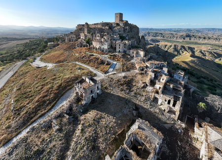 Aerial view of the abandoned village of Craco, Basilicata region, Italy.の写真素材