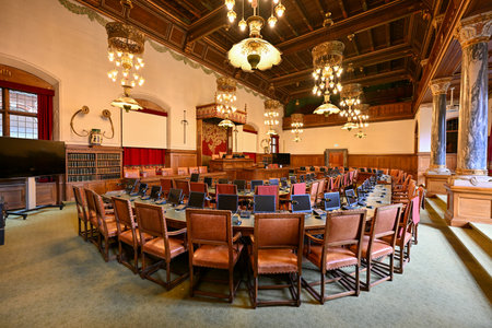 Copenhagen, Denmark - Jul 17, 2023: Copenhagen town hall Interior. Historic City Hall Building in...