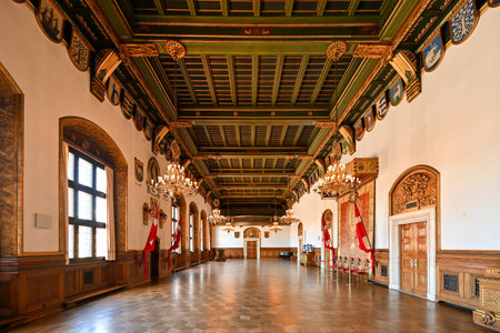 Copenhagen, Denmark - Jul 17, 2023: Copenhagen town hall Interior. Historic City Hall Building in Denmark. interior Hall building Kobenhavns located on Square in central Copenhagen.のeditorial素材