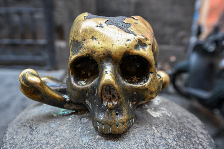 The skull and bones sculpture in front of the church of the Purgatorio ad Arco or Santa Maria delle...