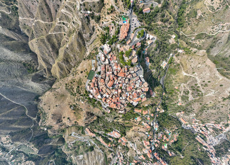Spectacular aerial views of Taormina and Castelmola Medieval Villages in Sicily, Italyの写真素材