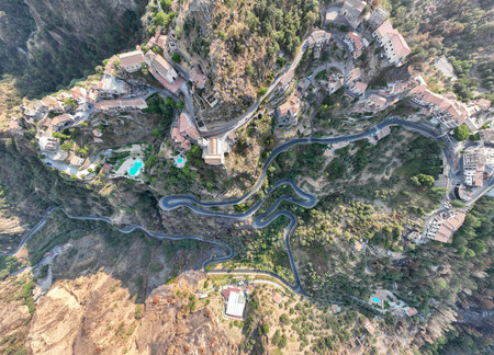 Aerial view of the winding road to the town of Savoca, Sicily, Italy.の写真素材