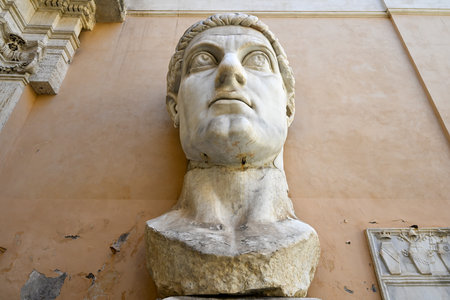Rome, Italy - Sep 2, 2023: Ancient Roman statue of the Emperor Constantine the Great in the...