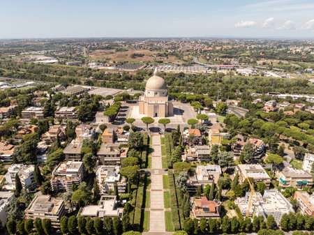 Aerial view of The Cathedral of Saints Peter and Paul (Basilica dei Santi Pietro e Paolo) in the EUR district of Rome, Italy.の写真素材