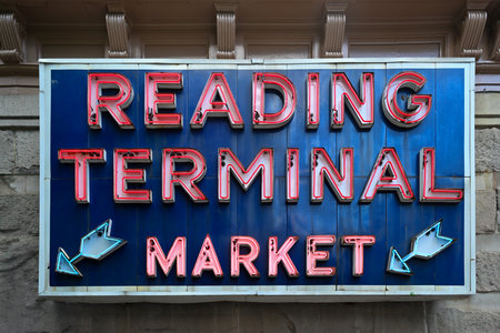 Philadelphia, Pennsylvania - May 26, 2024: Entrance to the Reading Terminal Market in Philadelphia, Pennsylvania.の写真素材