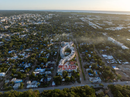 Aerial view of hotels and resorts of Tulum in Yucatan, Mexico at dawn.の写真素材