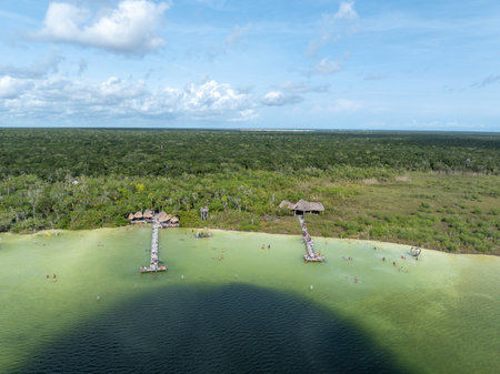Laguna Kaan Luum aerial view. Located just outside Tulum Mexico is a lagoon with shallow clear...