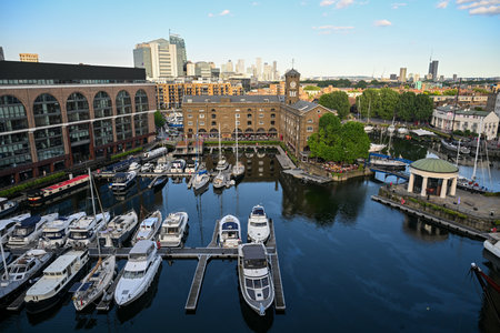 London, UK - Jun 24, 2024: St Katharine Docks Marina in City of London near iconic Tower bridge,...