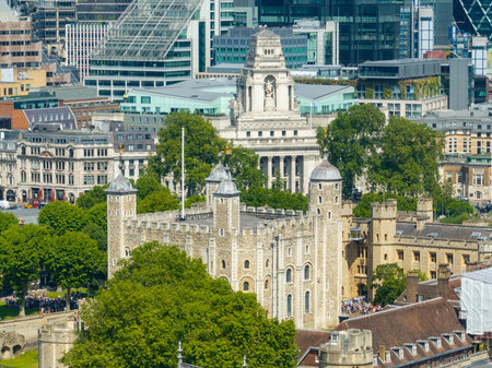 London, UK - Jun 24, 2024: Aerial view of the Tower of London and Tower Hill Memorial in London, UK.