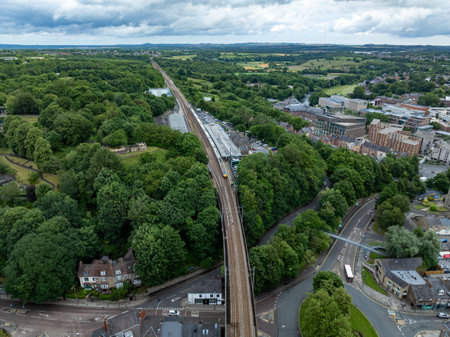 Railway viaduct in Durham City, England. The Victorian viaduct carries the United Kingdom's East Coast Mainline.の写真素材