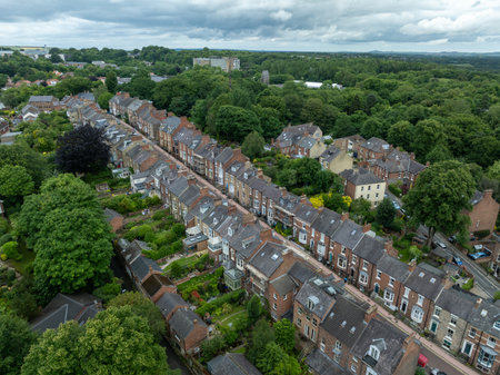 Aerial view of typical British homes in Durham, United Kingdom.の写真素材