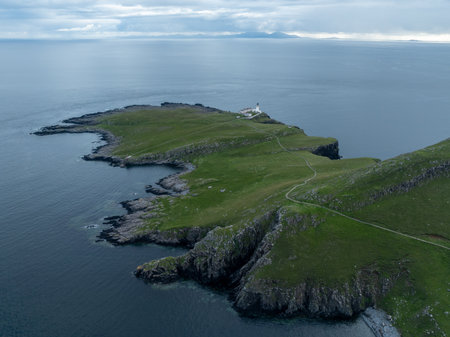 Aerial view of the Point of Neist Light House, Isle of Skye, Scotlandの写真素材