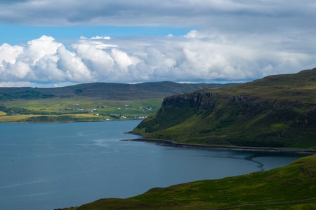 Aerial view of Clagain Coral Beach in the Isle of Skye in Scotland, UKの写真素材