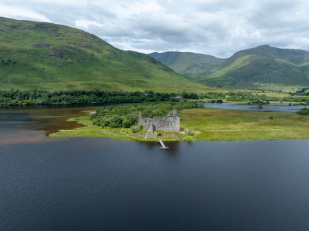 Aerial view of Kilchurn Castle on Loch Awe in Argyll and Bute, Scottish Highlandsの写真素材