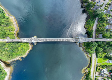 Aerial view of the Connel Bridge near Oban, Scotland. Connel Bridge is a cantilever bridge that spans Loch Etive at Connel in Scotland.の写真素材