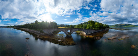 Aerial view of Loch Fyne and Aray Bridge seen from Inveraray in Scotlandの写真素材