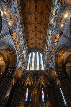 Glasgow, UK - July 13, 2024: Interior of Glasgow Cathedral featuring Scottish Gothic architecture, the oldest cathedral in Scotland.の写真素材