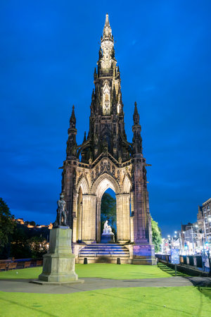 Edinburgh, UK - Jul 17, 2024: Scott Monument in Edinburgh, Scotland, United Kingdom at night. Built in honor of Sir Walter Scott.の写真素材