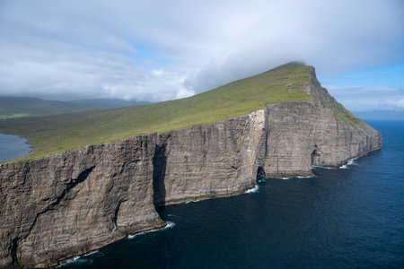 Traelanipa cliffs and Sorvagsvatn Lake on Vagar Island, Faroe Islandsの写真素材