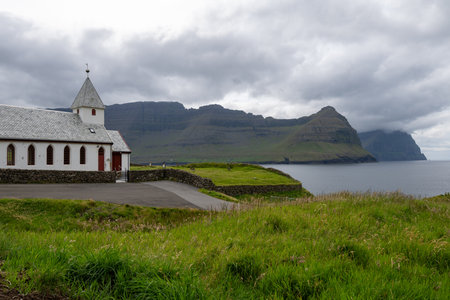 Vidareidi Church in the north of Vidoy Island in the Faroe Islands.の写真素材