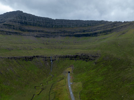 Vidareidi Tunnel in the north of Vidoy Island in the Faroe Islands.の写真素材