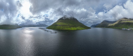 Aerial view of the island of Kunoy on Faroe Islands, Denmark.