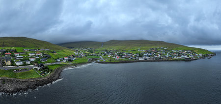 Aerial view of the Sandavags Church in Sandavagur, Faroe Islandsの写真素材
