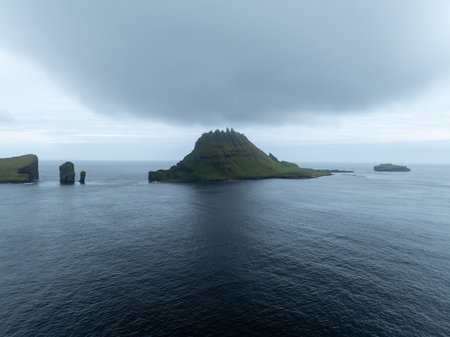 Drangarnir and Tindholmur Islands in Vagar in the Faroe Islands.の写真素材