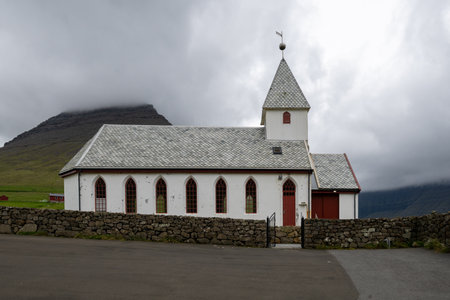 Vidareidi Church in the north of Vidoy Island in the Faroe Islands.の写真素材