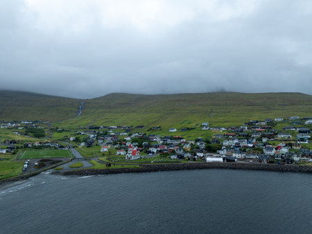 Aerial view of the Sandavagur village, Faroe Islandsの写真素材