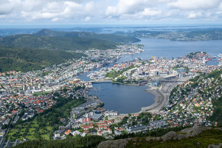 View of Bergen Norway from Ulriken mountain. Ulriken is the highest of the Seven Mountains that surround the city of Bergen, Norway.の写真素材
