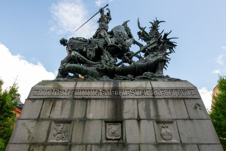 Saint George and the Dragon statue and in Gamla Stan, the Old Town of Stockholm, Swedenの写真素材